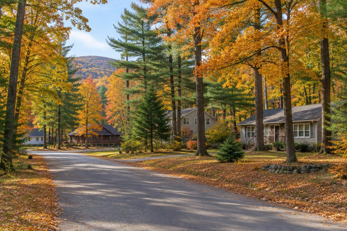 Quiet Tobyhanna residential street with modest homes set among mature trees in autumn colour